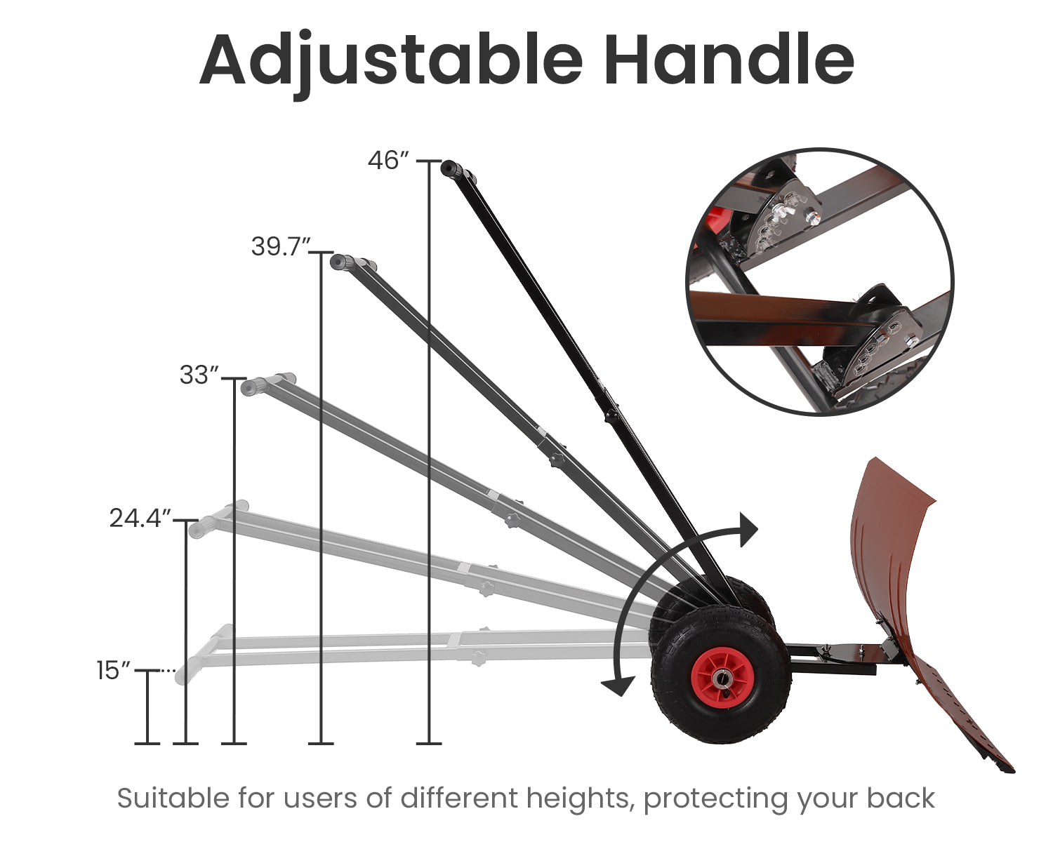 Garvee Heavy Duty 29" Snow Shovel Pusher with Wheels - Metal Plow, Adjustable Ergonomic Double Handle, Angled Polypropylene Blade, Large Off-Road Tires - Anti-Slip, Ideal for Driveway & Sidewalk - Red (Black Handle, XQ CA Wheels Red Inside)