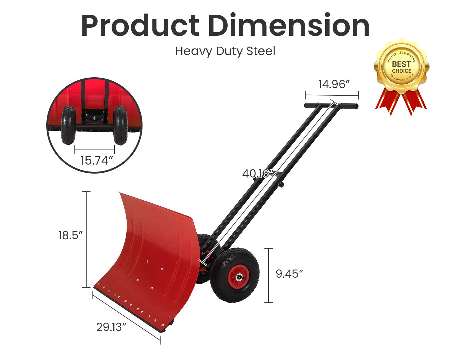 Garvee Heavy Duty 29" Snow Shovel Pusher with Wheels - Metal Plow, Adjustable Ergonomic Double Handle, Angled Polypropylene Blade, Large Off-Road Tires - Anti-Slip, Ideal for Driveway & Sidewalk - Red (Black Handle, XQ CA Wheels Red Inside)