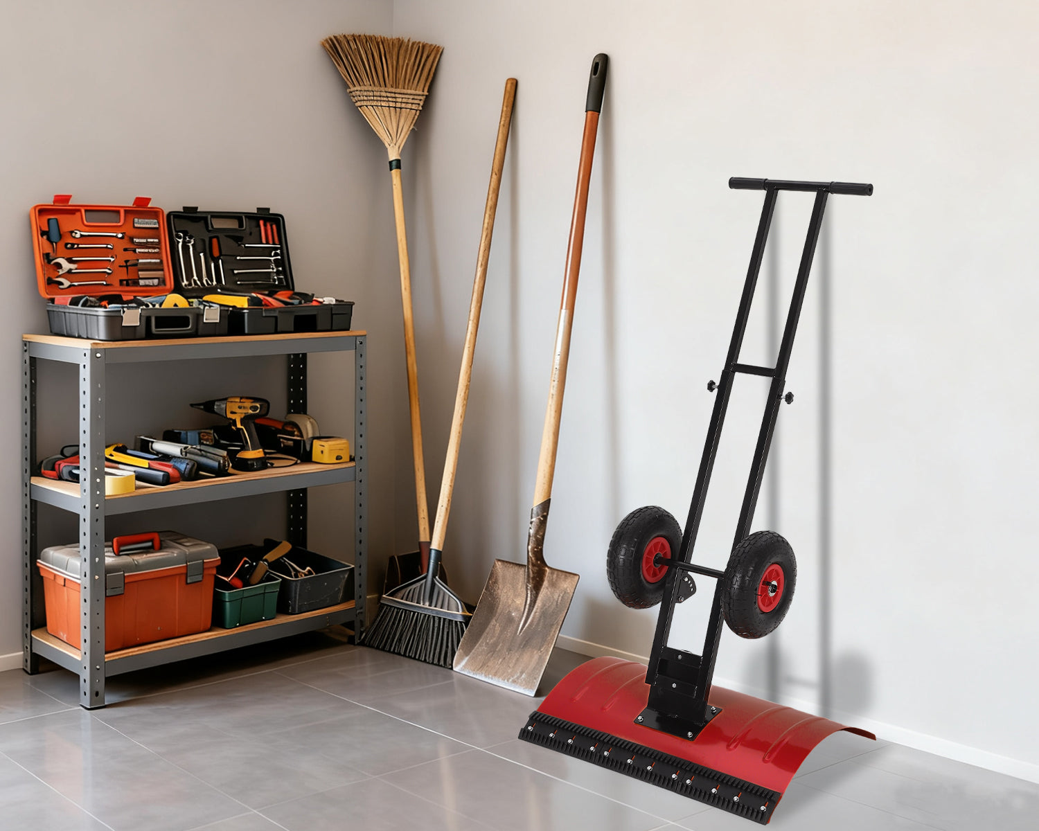 Garvee Heavy Duty 29" Snow Shovel Pusher with Wheels - Metal Plow, Adjustable Ergonomic Double Handle, Angled Polypropylene Blade, Large Off-Road Tires - Anti-Slip, Ideal for Driveway & Sidewalk - Red (Black Handle, XQ CA Wheels Red Inside)