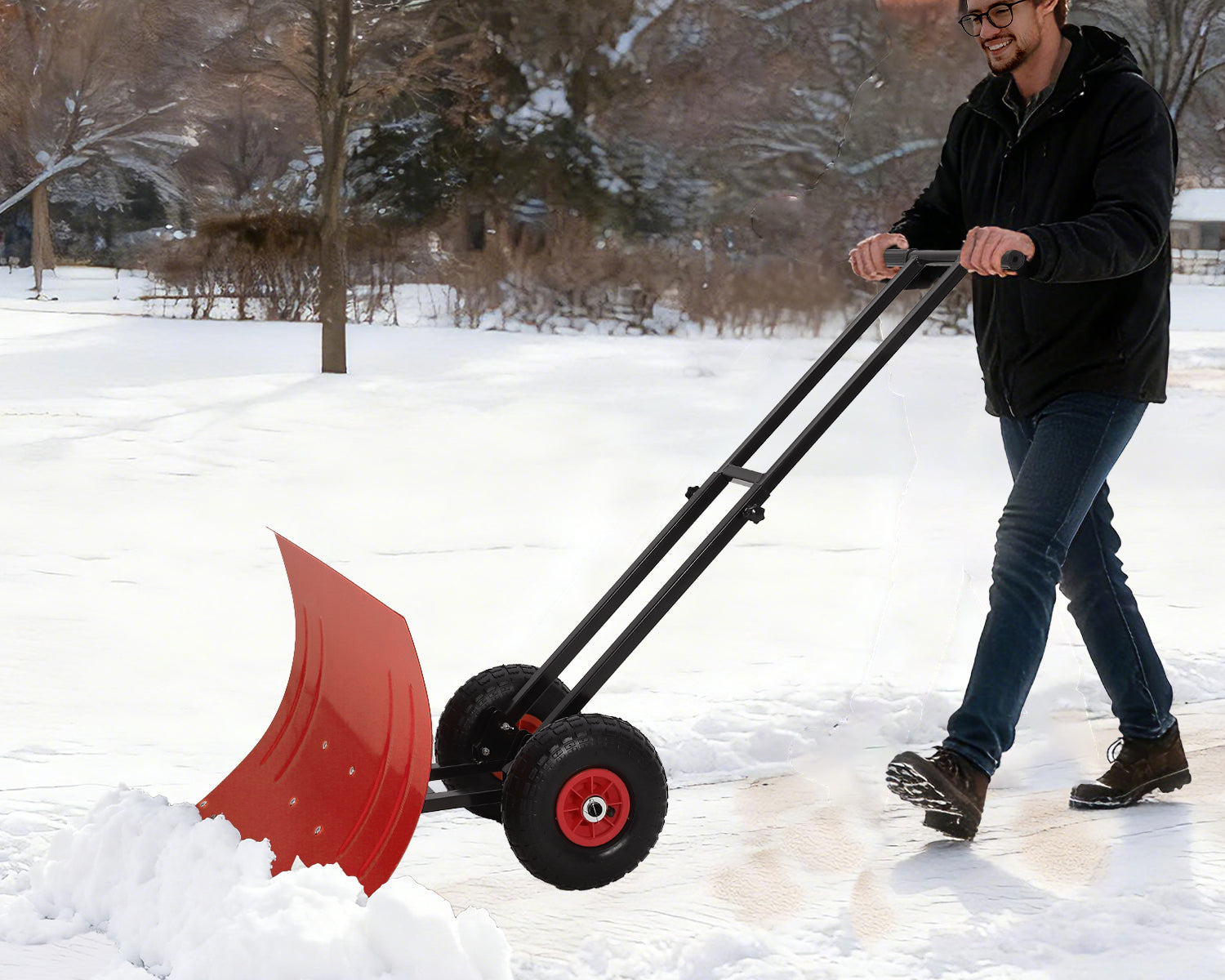 Garvee Heavy Duty 29" Snow Shovel Pusher with Wheels - Metal Plow, Adjustable Ergonomic Double Handle, Angled Polypropylene Blade, Large Off-Road Tires - Anti-Slip, Ideal for Driveway & Sidewalk - Red (Black Handle, XQ CA Wheels Red Inside)