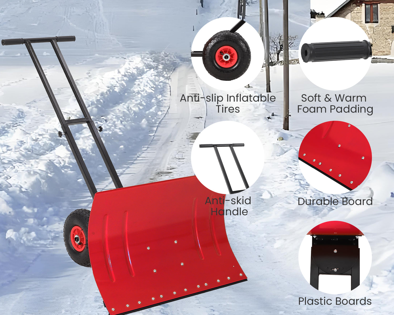 Garvee Heavy Duty 29" Snow Shovel Pusher with Wheels - Metal Plow, Adjustable Ergonomic Double Handle, Angled Polypropylene Blade, Large Off-Road Tires - Anti-Slip, Ideal for Driveway & Sidewalk - Red (Black Handle, XQ CA Wheels Red Inside)