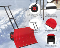Garvee Heavy Duty 29" Snow Shovel Pusher with Wheels - Metal Plow, Adjustable Ergonomic Double Handle, Angled Polypropylene Blade, Large Off-Road Tires - Anti-Slip, Ideal for Driveway & Sidewalk - Red (Black Handle, XQ CA Wheels Red Inside)