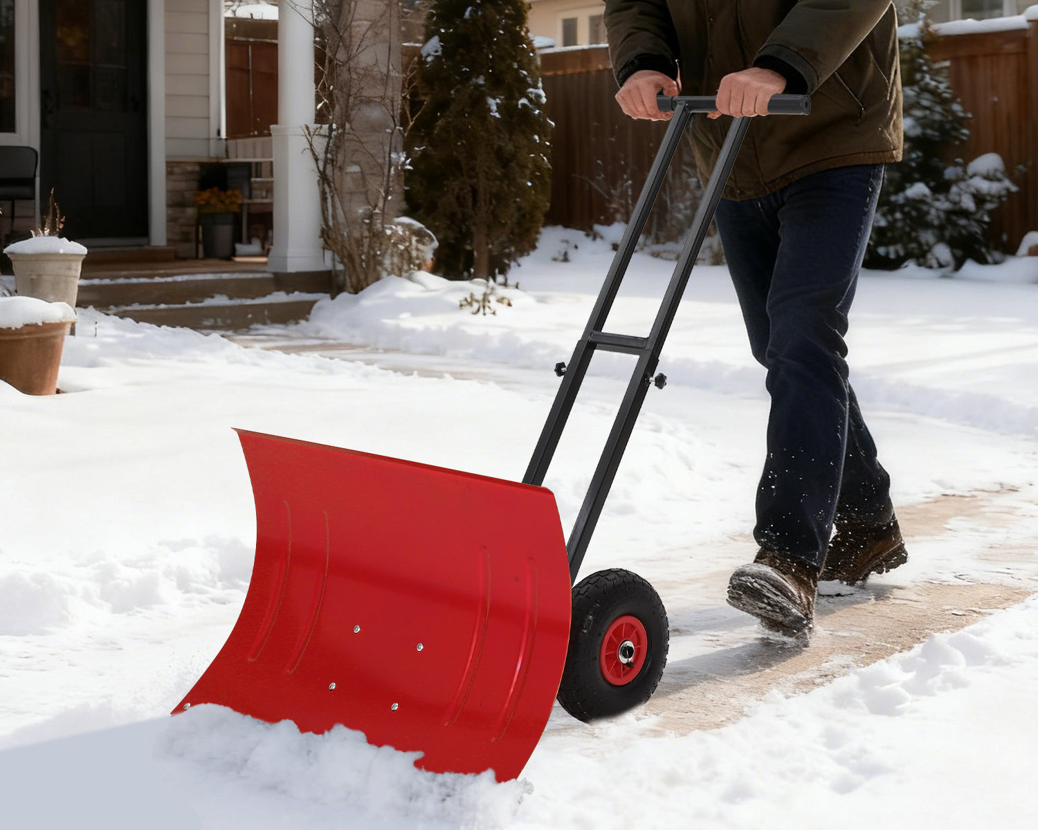 Garvee Heavy Duty 29" Snow Shovel Pusher with Wheels - Metal Plow, Adjustable Ergonomic Double Handle, Angled Polypropylene Blade, Large Off-Road Tires - Anti-Slip, Ideal for Driveway & Sidewalk - Red (Black Handle, XQ CA Wheels Red Inside)
