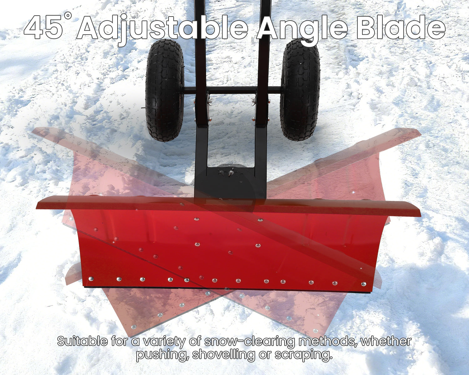 Garvee Heavy Duty 29" Snow Shovel Pusher with Wheels - Metal Plow, Adjustable Ergonomic Double Handle, Angled Polypropylene Blade, Large Off-Road Tires - Anti-Slip, Ideal for Driveway & Sidewalk - Red (Black Handle, XQ CA Wheels Red Inside)