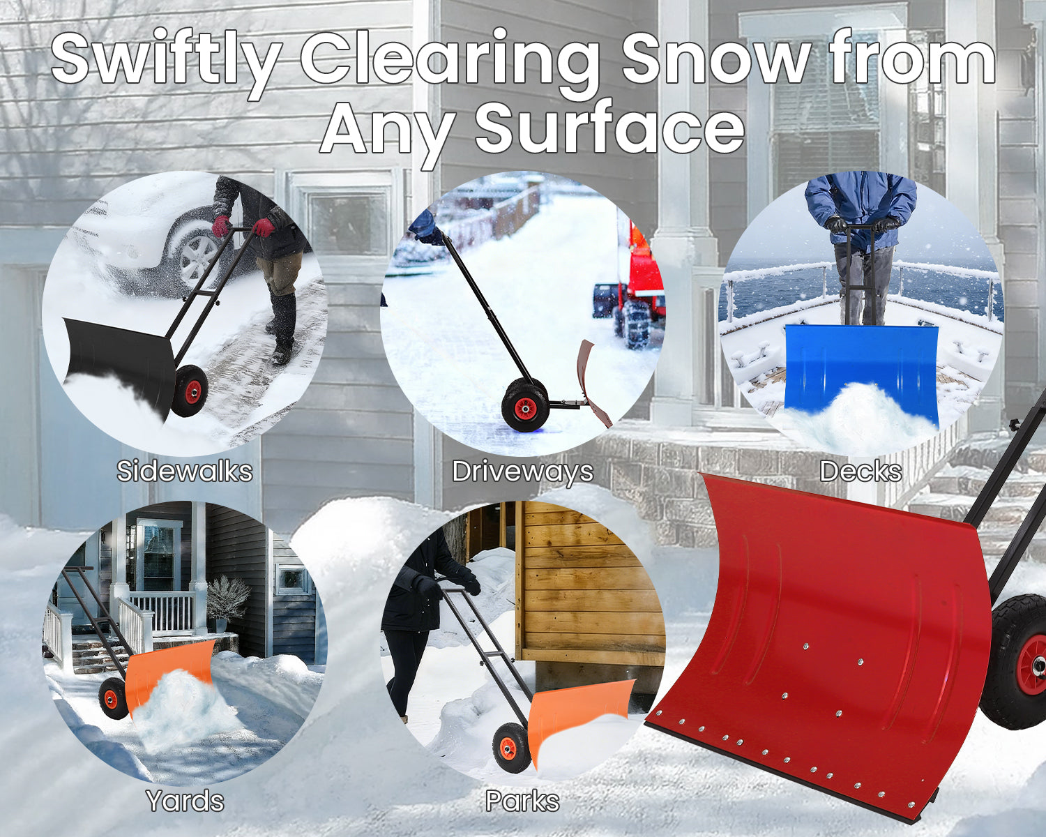 Garvee Heavy Duty 29" Snow Shovel Pusher with Wheels - Metal Plow, Adjustable Ergonomic Double Handle, Angled Polypropylene Blade, Large Off-Road Tires - Anti-Slip, Ideal for Driveway & Sidewalk - Red (Black Handle, XQ CA Wheels Red Inside)