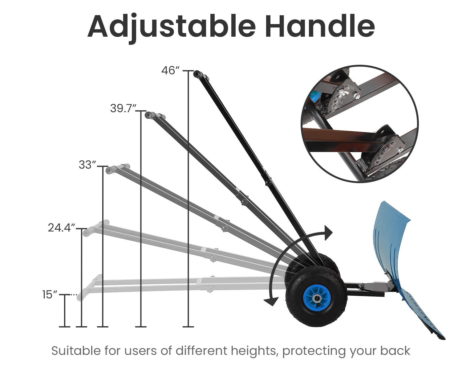 Garvee 29" Heavy Duty Snow Shovel Pusher with Wheels - Ergonomic Adjustable Double Handle & Angled Metal Blade - Large Anti-Slip Wheel, Efficient Winter Snow Removal for Driveways & Sidewalks - Blue (Wheels Inner Blue, XQ CA)