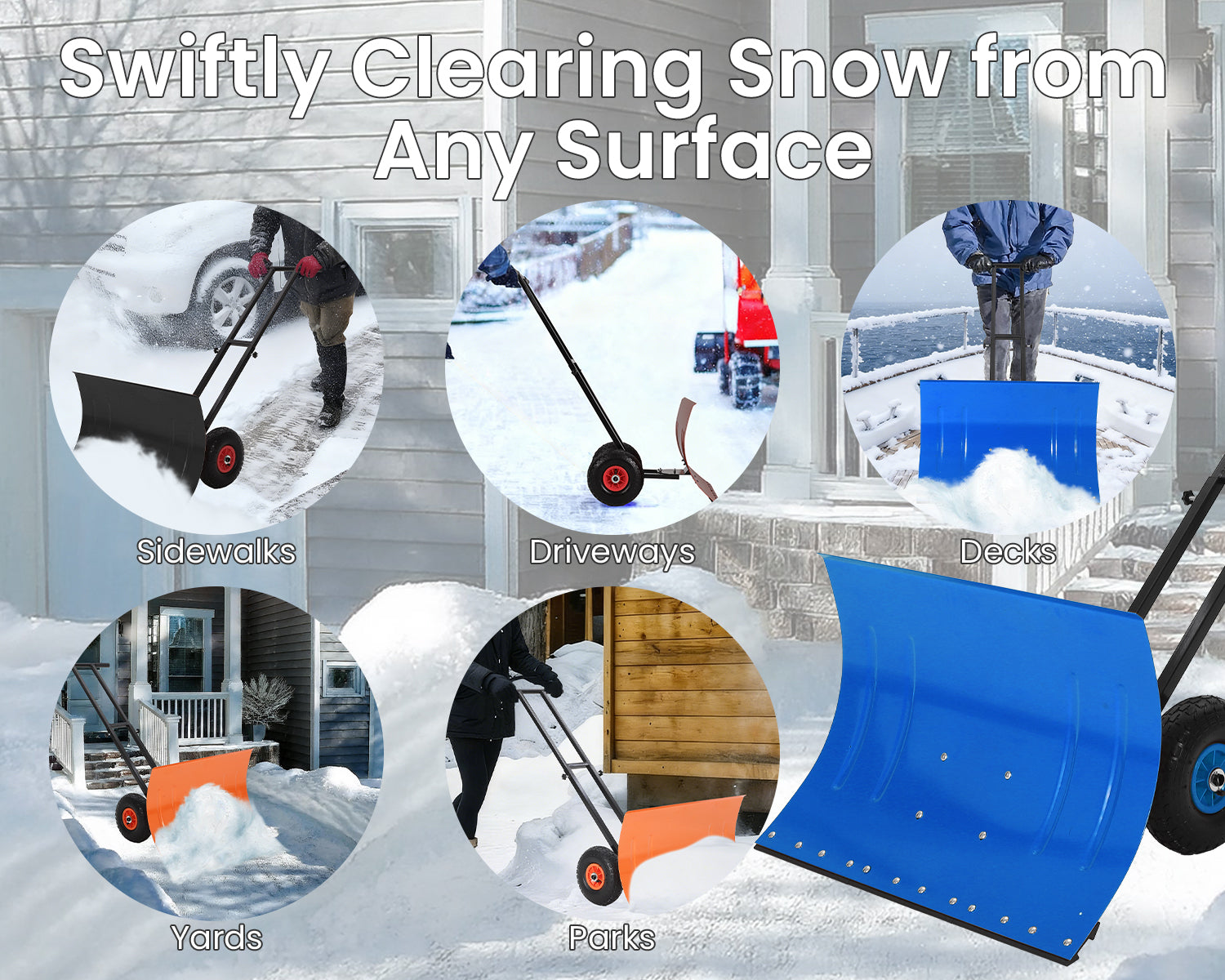 Garvee 29" Heavy Duty Snow Shovel Pusher with Wheels - Ergonomic Adjustable Double Handle & Angled Metal Blade - Large Anti-Slip Wheel, Efficient Winter Snow Removal for Driveways & Sidewalks - Blue (Wheels Inner Blue, XQ CA)