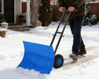 Garvee 29" Heavy Duty Snow Shovel Pusher with Wheels - Ergonomic Adjustable Double Handle & Angled Metal Blade - Large Anti-Slip Wheel, Efficient Winter Snow Removal for Driveways & Sidewalks - Blue (Wheels Inner Blue, XQ CA)