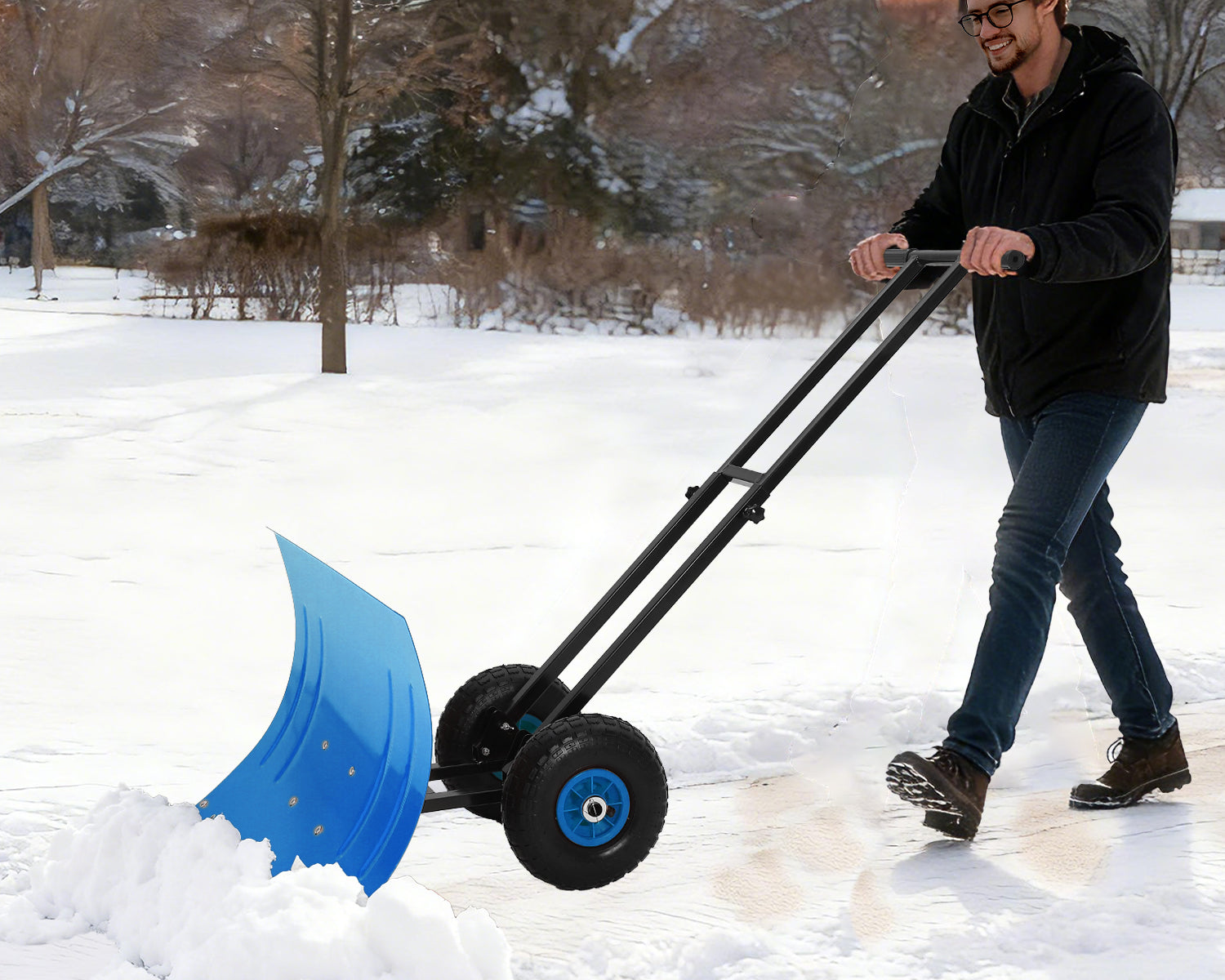 Garvee 29" Heavy Duty Snow Shovel Pusher with Wheels - Ergonomic Adjustable Double Handle & Angled Metal Blade - Large Anti-Slip Wheel, Efficient Winter Snow Removal for Driveways & Sidewalks - Blue (Wheels Inner Blue, XQ CA)