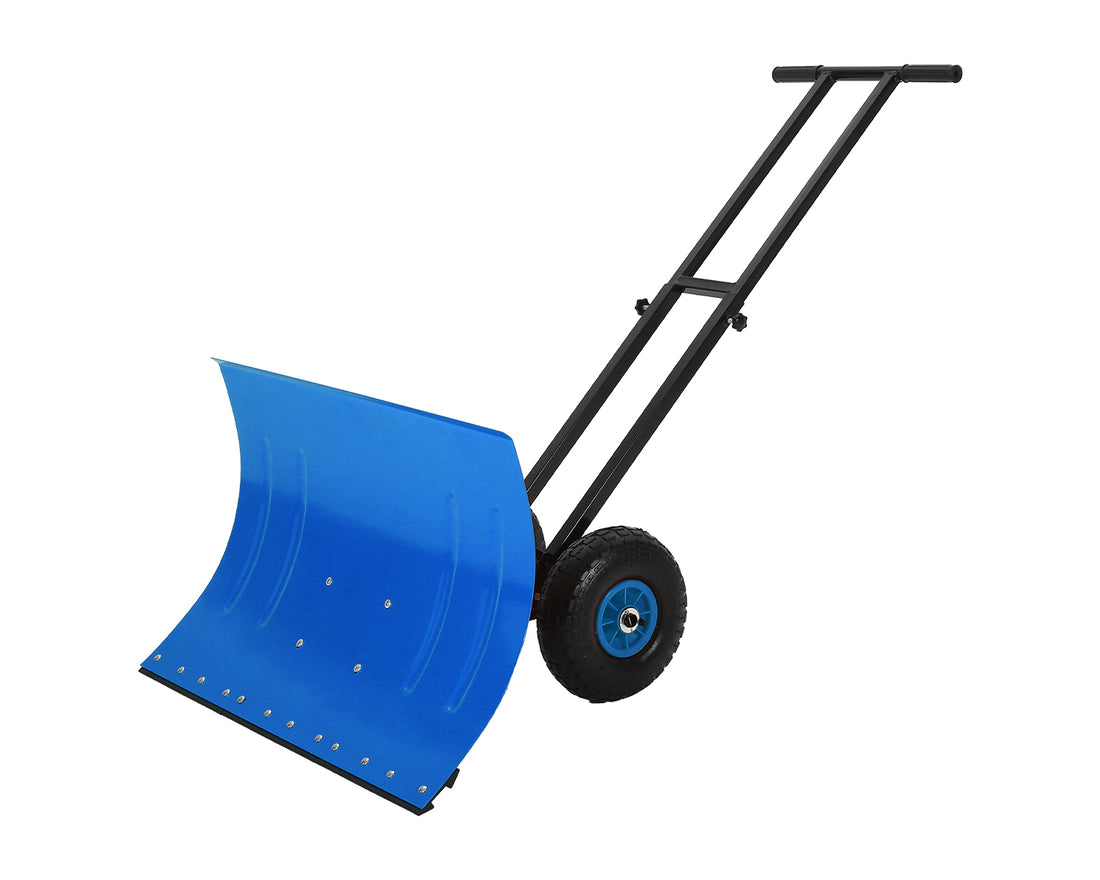 Garvee 29" Heavy Duty Snow Shovel Pusher with Wheels - Ergonomic Adjustable Double Handle & Angled Metal Blade - Large Anti-Slip Wheel, Efficient Winter Snow Removal for Driveways & Sidewalks - Blue (Wheels Inner Blue, XQ CA)