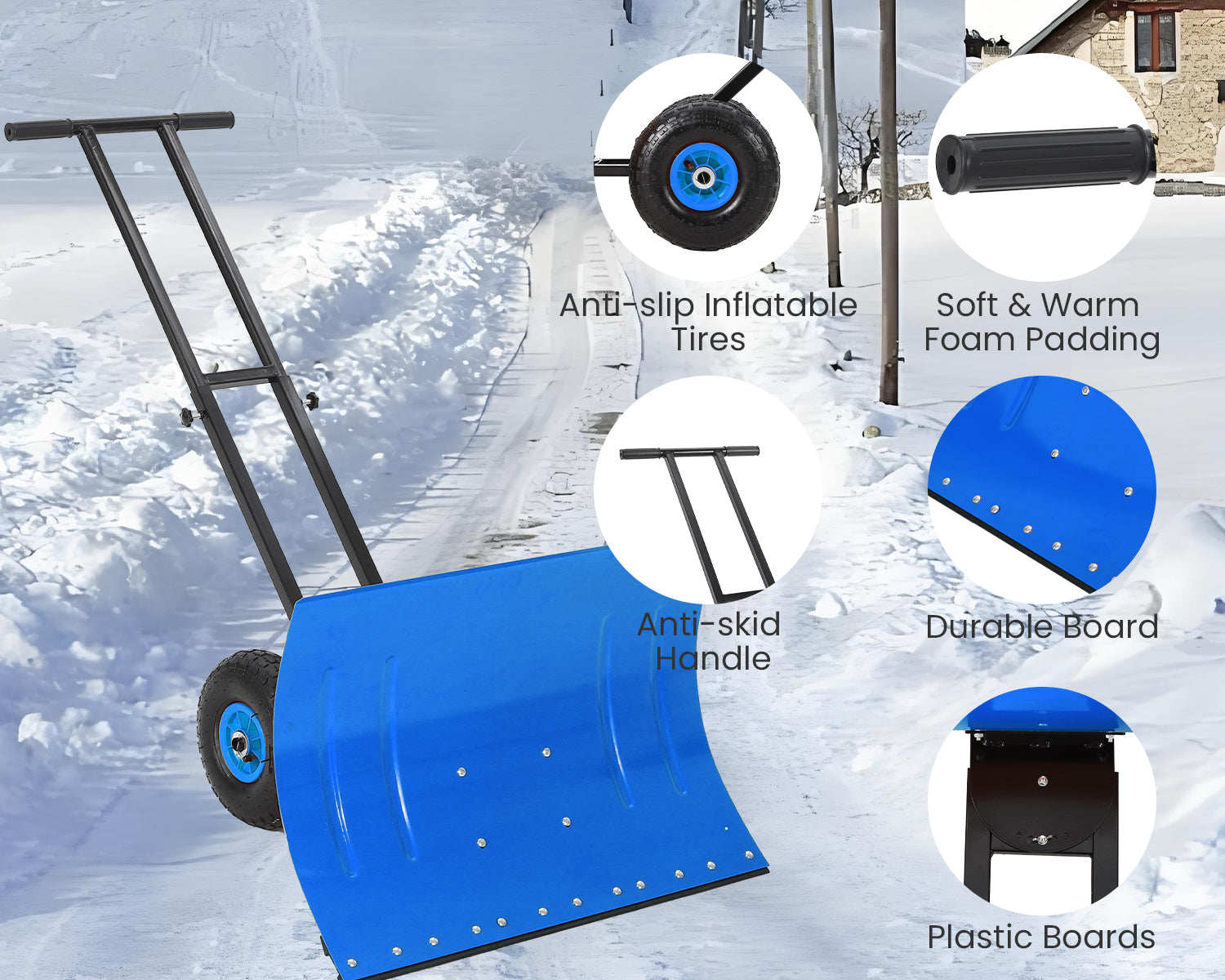 Garvee 29" Heavy Duty Snow Shovel Pusher with Wheels - Ergonomic Adjustable Double Handle & Angled Metal Blade - Large Anti-Slip Wheel, Efficient Winter Snow Removal for Driveways & Sidewalks - Blue (Wheels Inner Blue, XQ CA)
