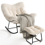 Garvee Oversized Papasan Rocking Chair with Ottoman – Sturdy Steel Frame Egg Patio Chair – Soft Cushion & Footrest for Balcony, Garden, Bedroom, Living Room – 400lb Capacity – Black Spray + White Soft Cloth - Black Spray + White Plush Cloth
