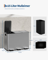 Garvee Trash Bin 3 Compartments 45L Stainless Steel Lid Softclose Foot Pedal Kitchen, Removable Inner Buckets, Silver