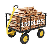 Garvee 1500 lbs Heavy Duty Steel Garden Wagon Cart - 3-in-1 Utility Yard Trailer - Removable Mesh Sides - 13-Inch All Terrain Tires - Metal Pull Behind ATV Cart for Lawn, Soil, Tools & Plants - 13-inch wheels, yellow rims + black frame + yellow handlebars - Black