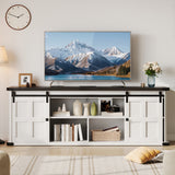 Garvee 70 in TV Stand for 75 in TVs with Power Outlet, Sliding Barn Doors, Farmhouse Entertainment Center, Mid Century Modern, Wood Finish - White+Black