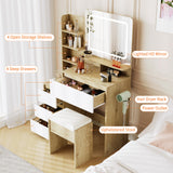 Garvee Vanity Desk with Mirror and Lights, Makeup Vanity with Power Outlet, 3 Color Adjustable Light, 4 Drawers, Storage Shelves, Stool for Bedroom, White