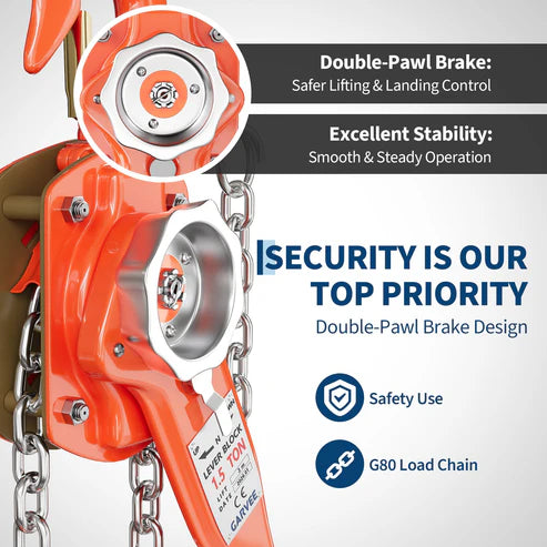 Garvee Manual Lever Chain Hoist – 1.5 Ton (3300 lbs) Capacity, 10 ft Lift – G80 Galvanized Steel Chain, Weston Double Pawl Safety Brake, 360° Swivel Hooks, Portable Heavy Duty Lifting Hook for Garage, Factory, Dock, Warehouse