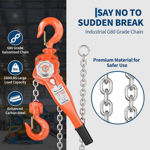 Garvee Manual Lever Chain Hoist – 1.5 Ton (3300 lbs) Capacity, 10 ft Lift – G80 Galvanized Steel Chain, Weston Double Pawl Safety Brake, 360° Swivel Hooks, Portable Heavy Duty Lifting Hook for Garage, Factory, Dock, Warehouse