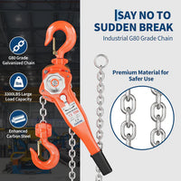 Garvee Manual Lever Chain Hoist – 1.5 Ton (3300 lbs) Capacity, 10 ft Lift – G80 Galvanized Steel Chain, Weston Double Pawl Safety Brake, 360° Swivel Hooks, Portable Heavy Duty Lifting Hook for Garage, Factory, Dock, Warehouse