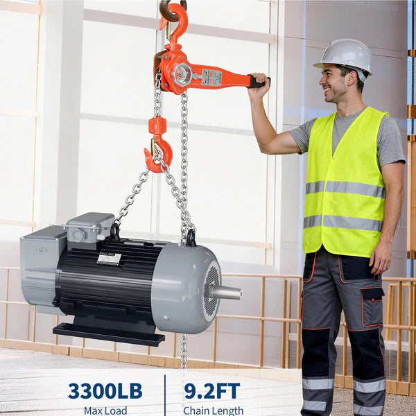 Garvee Manual Lever Chain Hoist – 1.5 Ton (3300 lbs) Capacity, 10 ft Lift – G80 Galvanized Steel Chain, Weston Double Pawl Safety Brake, 360° Swivel Hooks, Portable Heavy Duty Lifting Hook for Garage, Factory, Dock, Warehouse