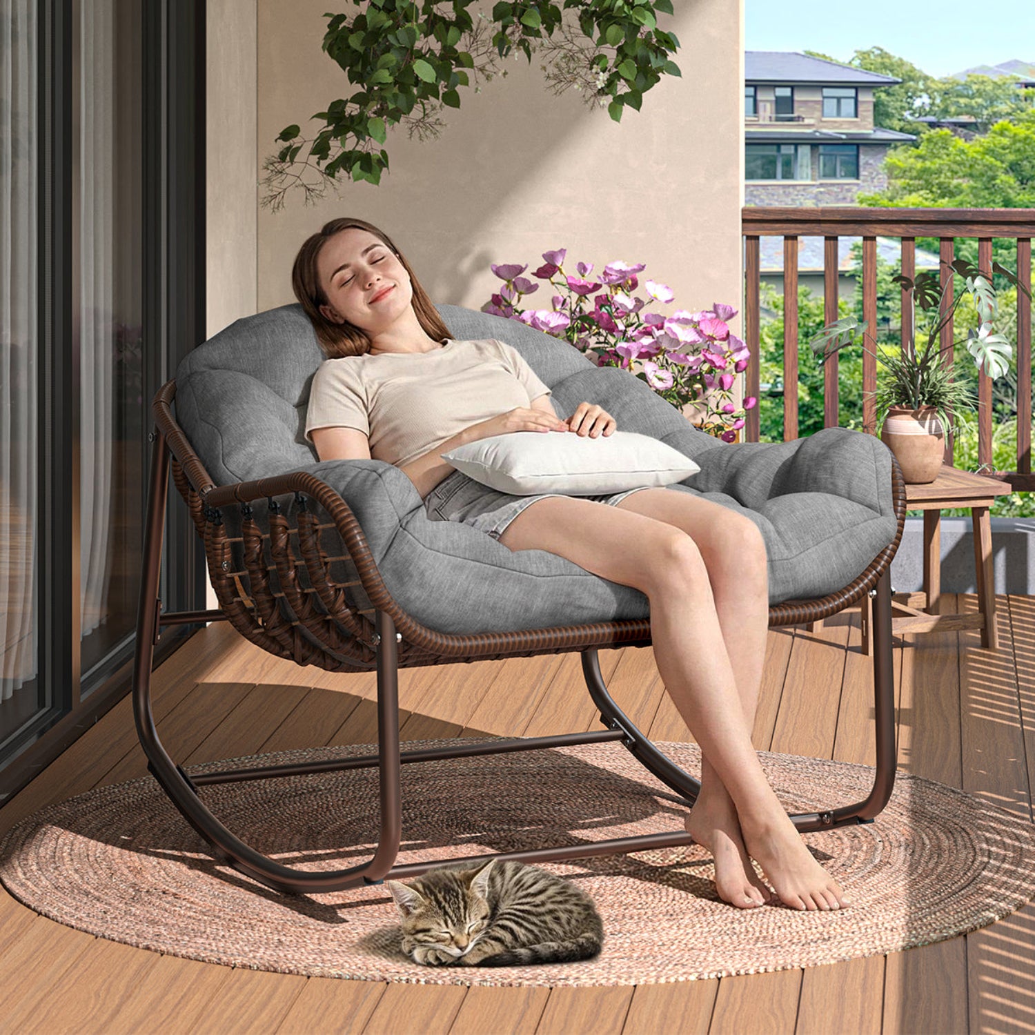 Garvee Oversized Outdoor Rocking Chair Papasan Rocker Ergonomic Smooth Rocking Steel Frame Durable Polyester Fabric Gray Patio Garden Porch