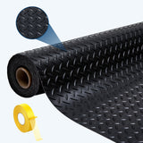 Garvee Black PVC Garage Floor Mat 7.5x17ft, 0.11in Thick Diamond Plate Roll-Out Parking Pad, Waterproof Oil-Resistant Concrete Protector with Double-Sided Tape, Cut-to-Fit Liner for Workshop, Basement, Gym, Trailer - Black
