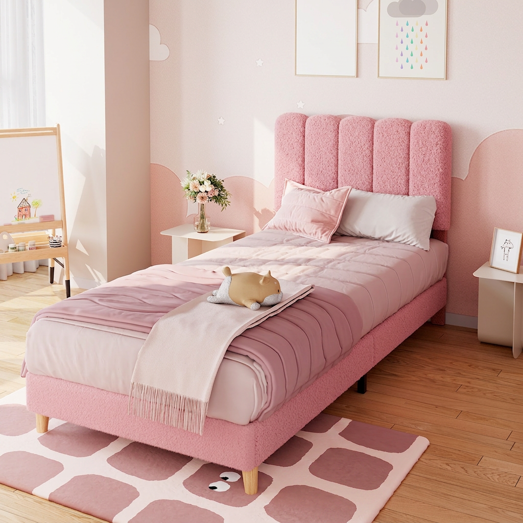 Cadre de lit simple Garvee, lit plateforme rembourré en bouclette pour filles, enfants, rose clair, sûr, robuste, montage facile