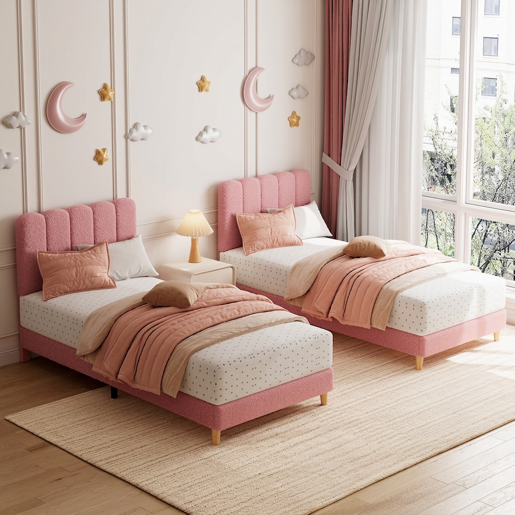 Cadre de lit Garvee Twin XL, plateforme tapissée en bouclette, tête de lit ondulée, pour enfants/filles, rose clair