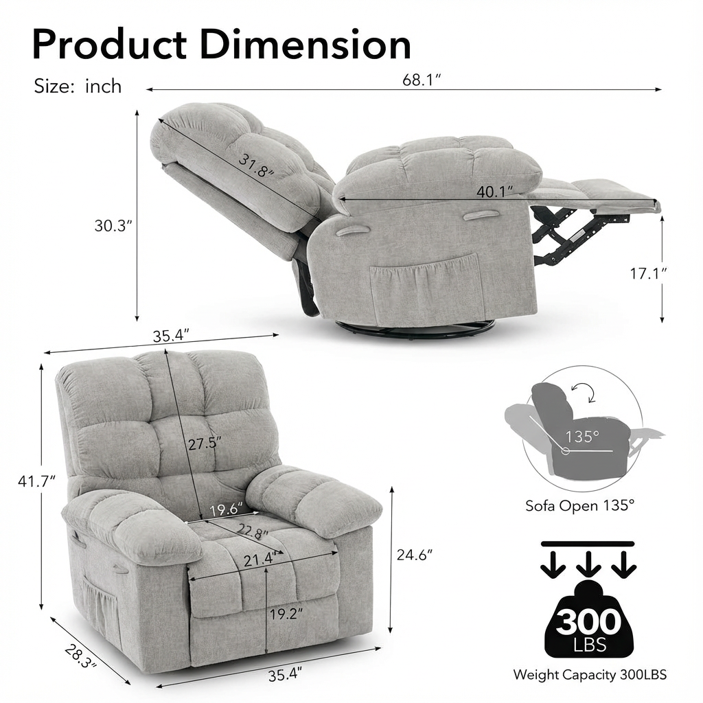 Fauteuil inclinable à bascule Garvee, fauteuil à bascule pivotant à 306° pour salon, fauteuil de nurserie en tissu rembourré avec poches latérales pour petits espaces, fauteuil inclinable simple Lazy Boy à cadre en acier q235