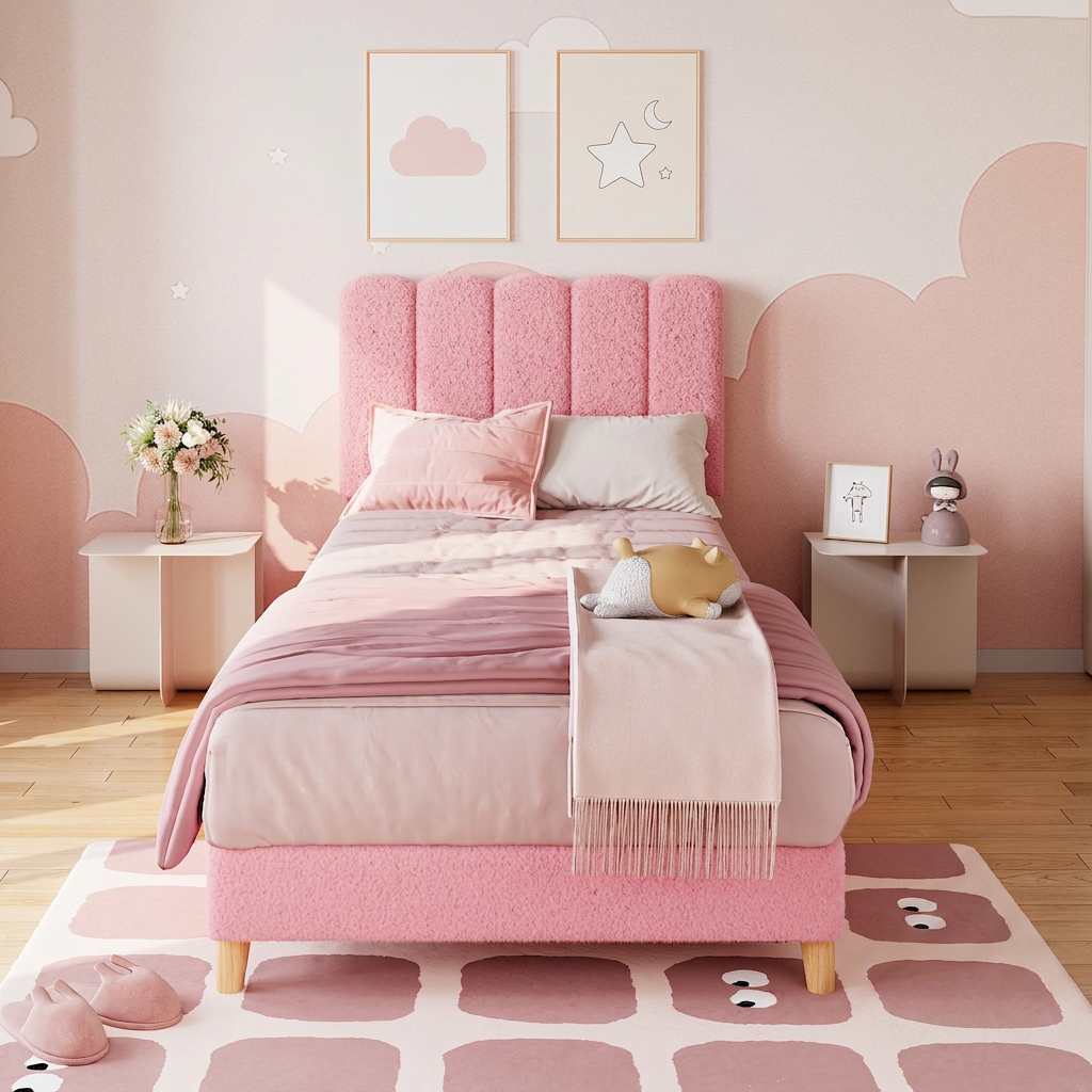 Cadre de lit simple Garvee, lit plateforme rembourré en bouclette pour filles, enfants, rose clair, sûr, robuste, montage facile