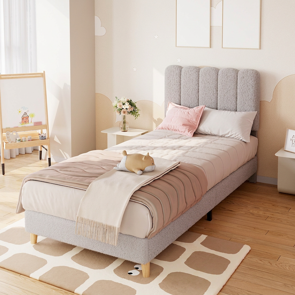 Garvee Twin XL Bed Frame Boucle Upholstered Platform Bed Wave Headboard Kids Grey