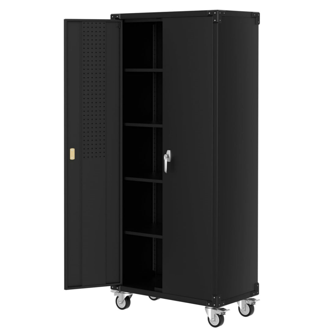 Garvee Heavy-Duty 72'' Black Metal Garage Storage Cabinet with Wheels - 2 Locking Doors - 4 Adjustable Shelves - Pegboard for Tools - Rolling Locker for Workshop, Home, Office - Color: Black