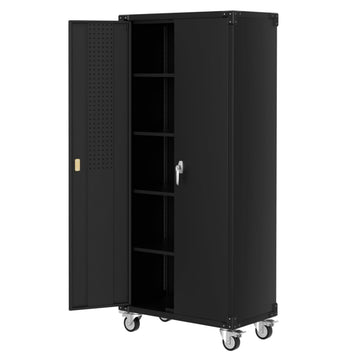 Garvee Heavy-Duty 72'' Black Metal Garage Storage Cabinet with Wheels - 2 Locking Doors - 4 Adjustable Shelves - Pegboard for Tools - Rolling Locker for Workshop, Home, Office - Color: Black