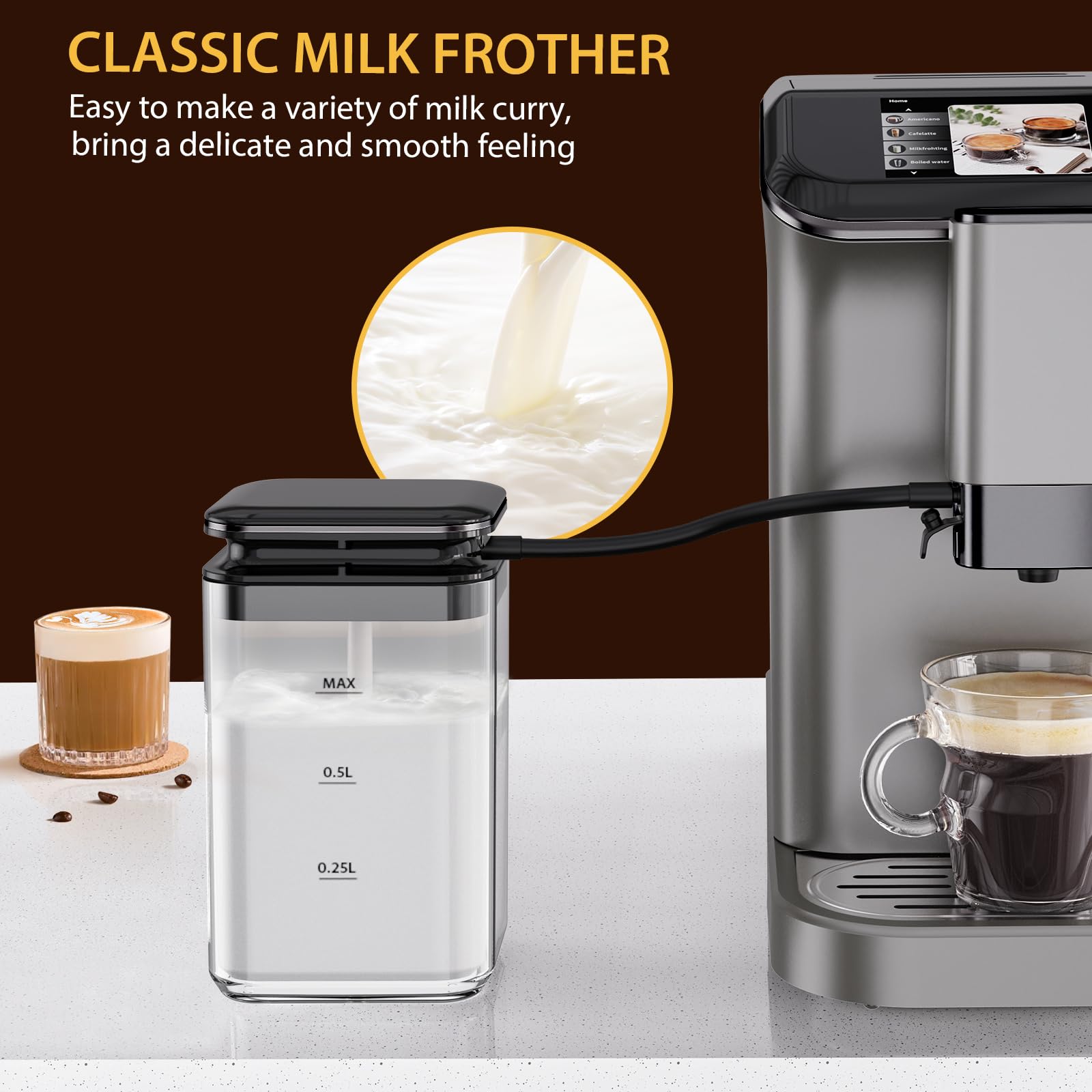 Garvee 20 - Bar Fully Automatic Espresso Machine - Touch Screen, Built - in Frother, Milk Container (Grey)