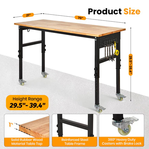 Garvee Adjustable Workbench 70x21 in with Power Outlet, Scale, Pegboard, 6 Hooks, 2200 LBS Load Capacity for Garage, Office, Home, Black Metal Frame