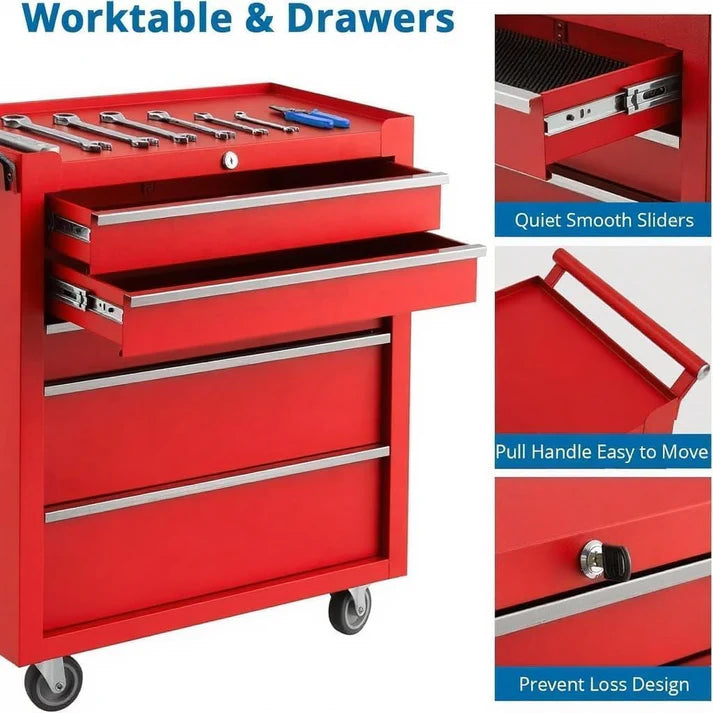 Garvee Boîte à outils roulante à 5 tiroirs avec système de verrouillage à clé et doublures de tiroir pour garage, entrepôt, atelier de réparation, acier laminé à froid durable, noir