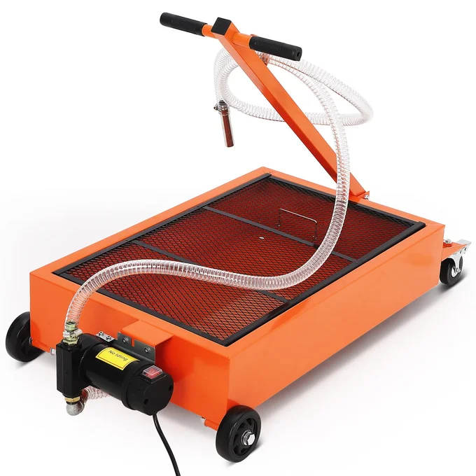 Garvee 17-Gallon Steel Oil Drain Pan, Orange Low Profile Rolling Drain Cart with 110V Electric Pump, 8ft Hose, Folding Handle and Casters, Waste Fluid Container for Cars, SUVs, Trucks, Buses and RVs, Garage Oil Change Equipment