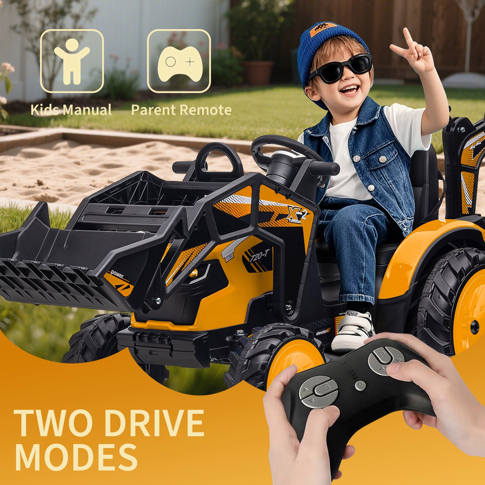 Garvee Ride P Series 3-in-1 Ride-On Tractor, 24V Electric, Excavator & Bulldozer, Remote Control, LED, Music, USB/Bluetooth max 66 lbs - Bright-Yellow