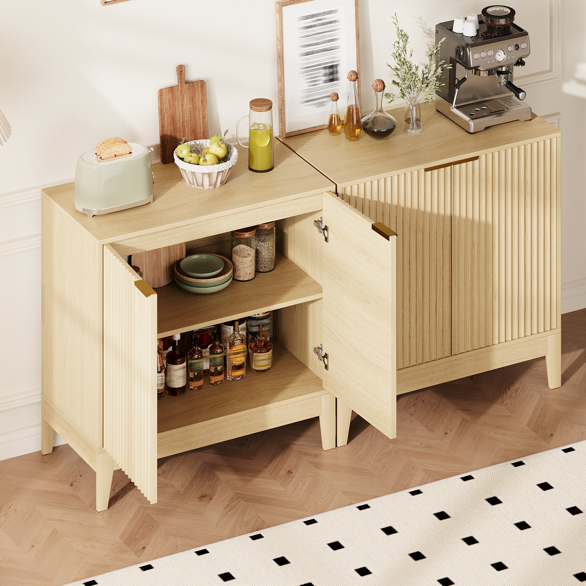 Garvee Modern Fluted Sideboard Buffet Cabinet – 32 Inch Console Table with Adjustable Shelf, 2 Doors, Ideal for Living Room, Dining Room, Kitchen, Entryway – Oak Color