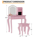 Garvee Kids Vanity with Lighted Mirror, Toddler Vanity Table and Chair Set, Pink, 35"H x 24"L x 12"W - Pink