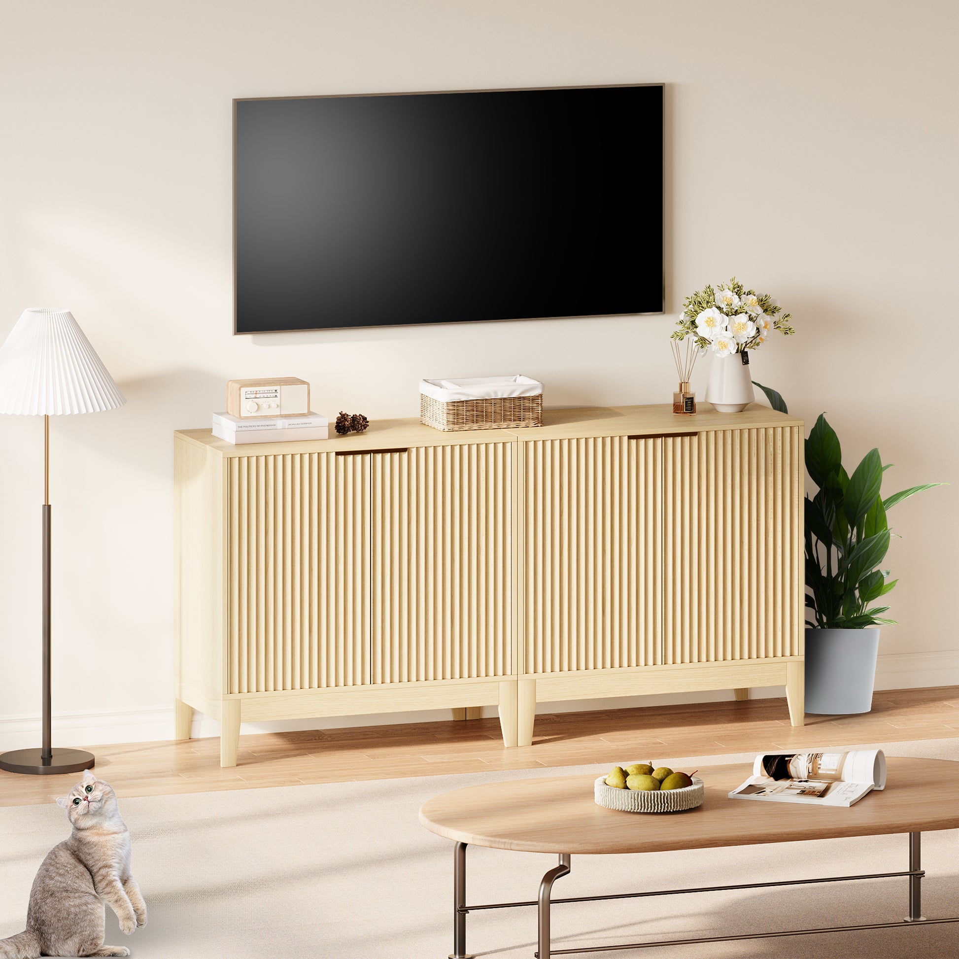 Garvee Modern Fluted Sideboard Buffet Cabinet – 32 Inch Console Table with Adjustable Shelf, 2 Doors, Ideal for Living Room, Dining Room, Kitchen, Entryway – Oak Color