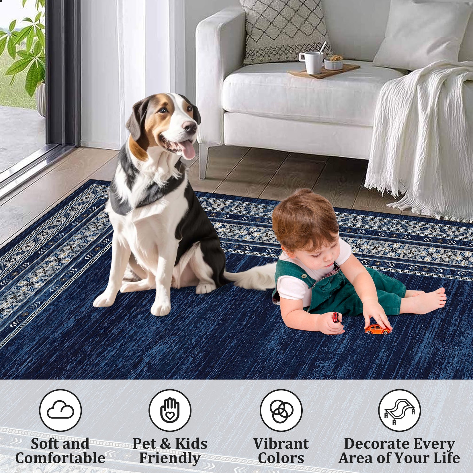 Garvee Washable 9x12 Geometric Area Rug, Soft Modern Non Slip Accent Carpet for Living Room, Bedroom, Dining Room, Nursery, Blue