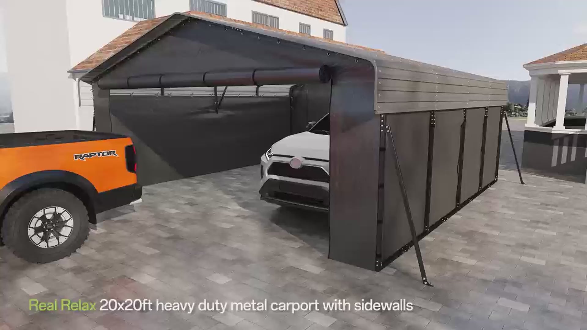 Garvee 20'x20'x10' Metal Carport for 2 Cars with 220g Tarp, All-Weather Use, Full-Size Pickup Trucks, Bass Boats, Tractors, Reinforced Steel, Grey
