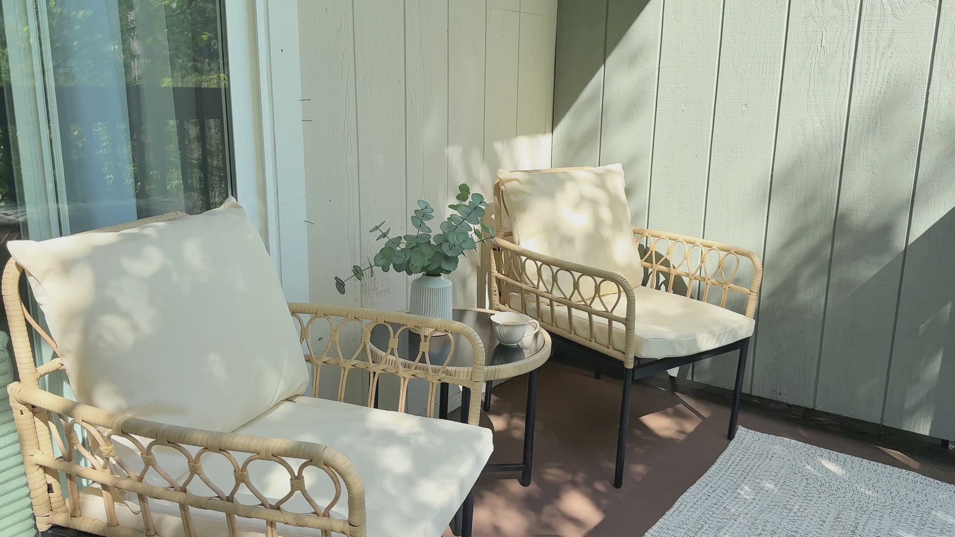 Garvee Wicker 3 Pieces Patio Bistro Sets with Glass Top Side Table and 2 Modern Rattan Chairs for Apartment Backyard Porch Balcony Lawn Beige