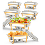 Garvee Chafing Dish for Buffet Set, 6 Packs 8 QT Chafers and Buffet Warmers Sets with Folding Frame, Spoon & Tweezer for Weddings Parties Banquets Catering Events, Gold - Gold