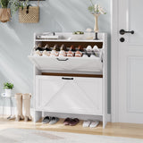 Garvee Slim Shoe Storage Cabinet – 2 Turn Drawers, Adjustable Dual-Tier Panels, Metal Legs, Fenced Tabletop, Freestanding Narrow Entryway Shoe Rack, Farmhouse Style, White - White
