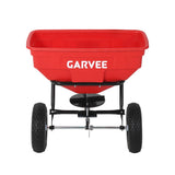 Garvee 125L Tow/Push Broadcast Spreader – Large Capacity – Global Hitch for UTV, ATV, Riding Mower – 30 Adjustable Settings – 9.8ft Spreading Width – Spreads Seed, Fertilizer, Salt, Ice Melt – Red Bucket + Black Rod White Wheel Hub, Pull Type - Red (Bucket) + Black Rod White Wheel Hub