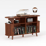 Garvee Mid-Century Modern Record Player Stand – Large 55'' Round Turntable Cabinet with Storage, Charging Station, USB Ports & Power Outlets, Open Display Shelf for Living Room – Walnut Color US Standard