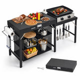 Garvee Collapsible Grill Prep Table for Outdoor Cooking - Heavy-Duty Metal Picnic Table with Expandable Side Shelf & Under-Shelf Storage, Portable BBQ Cart for Camping/Patio/Tailgating, Black