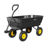Garvee 600 lb Heavy Duty Poly Garden Dump Cart – 4-Wheel Utility Wagon – Quick-Dump Feature – Towable Yard Trailer – 10" No-Flat Tires – Convertible Handle, Steel Frame – Black Bucket, Yellow Rims – 600 lb load capacity | Black bucket + yellow rims